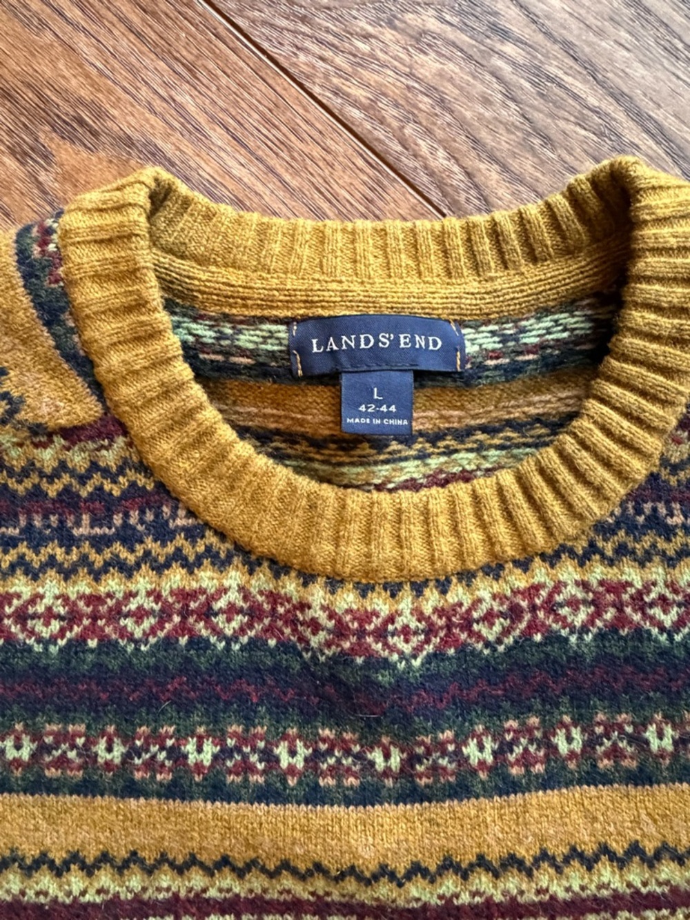 Lands' End Men's Mustard and Navy Fair Isle Crewneck Sweater 100% lambswool - Picture 4 of 5